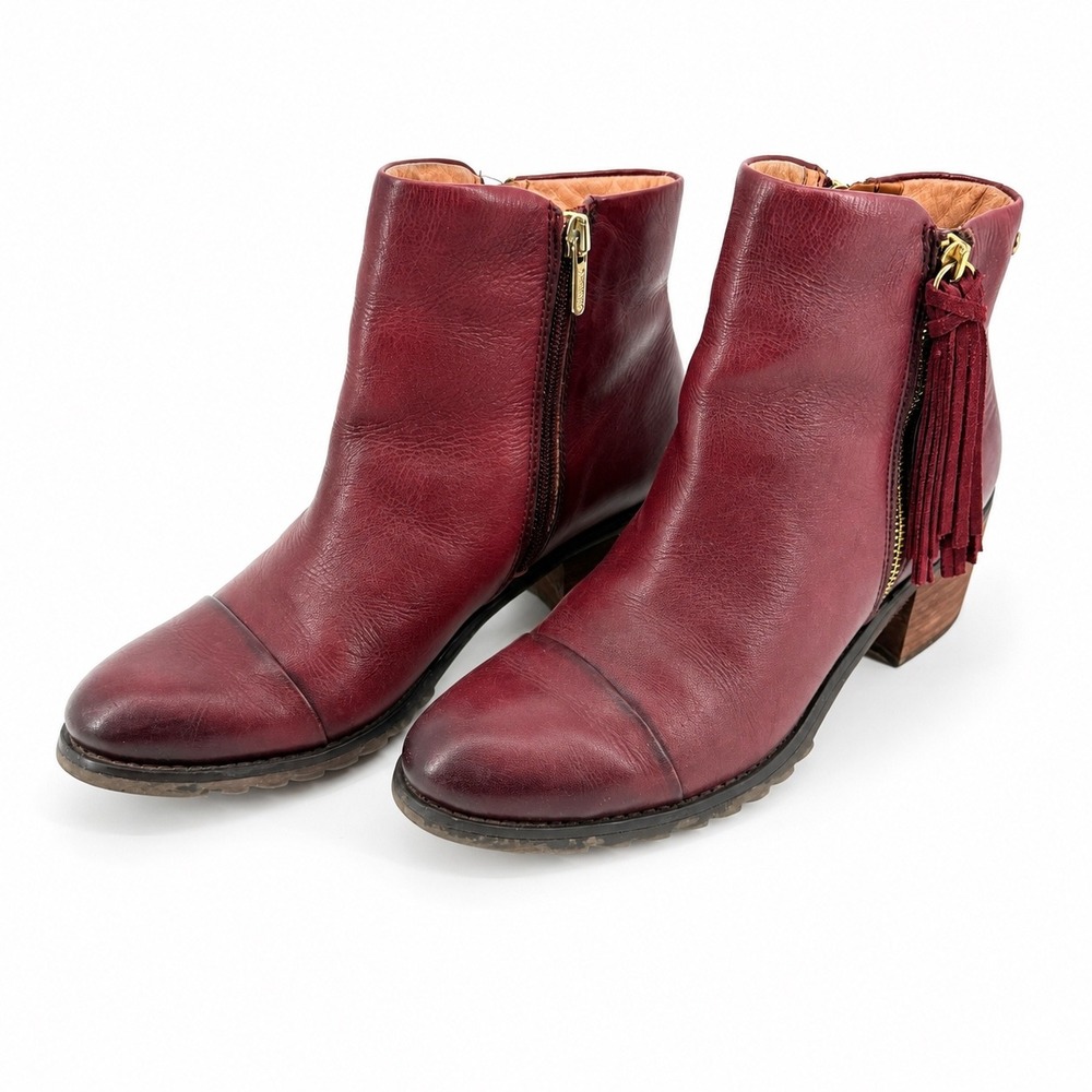 Pikolinos Andorra Ankle Boots Burgundy Leather Tassel Zip Block Heel 39 US 8.5